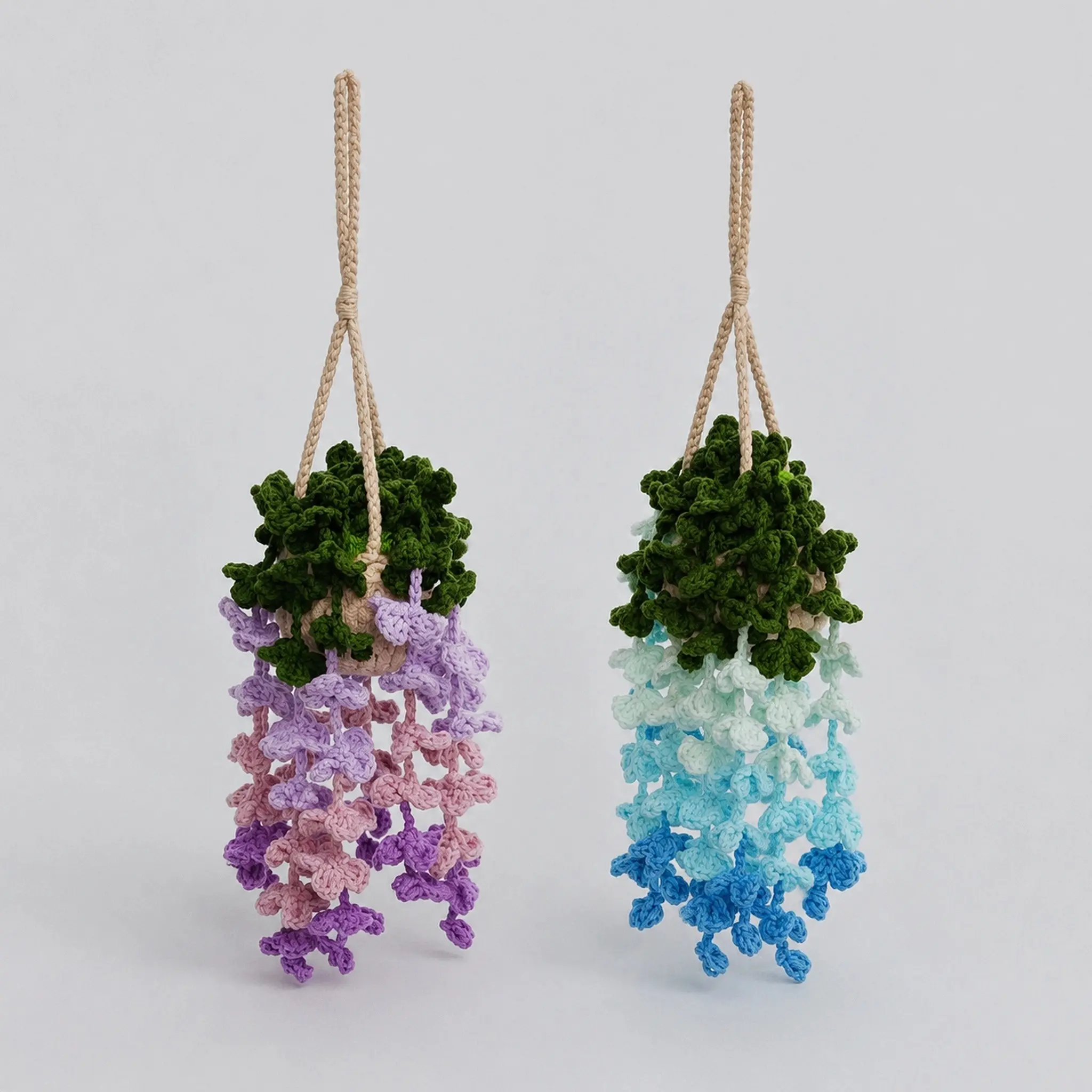 Handmade Crochet Wisteria Hanging Planter Cute Knitted Trailing Flower with Gradient Petals Car Rearview Mirror Ornament Boho Cottagecore Wall Decor for Home Bedroom Office Car Interior Aesthetic Gift for Women Girls