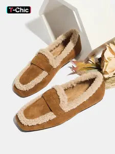 Women's Fall Winter PU Leather Casual Loafers, Slip On Flats, American Retro Style Furry Slip-On Shoes, Soft Rubber Sole, Warm & Comfortable Design