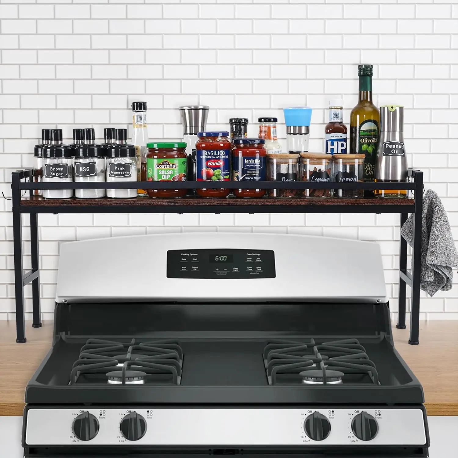 Rack Shelf for Kitchen Stove,Stove Top Shelf with 4 hooks Extra Storage Countertop, Seasoning Organizer,Kitchen Organizers and Storage