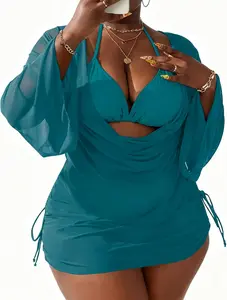 Bikini Sets   Women's Plus Triangle   Size Halter String 3 Piece Swimsuits with Side Ruched Drawstring Cover Up