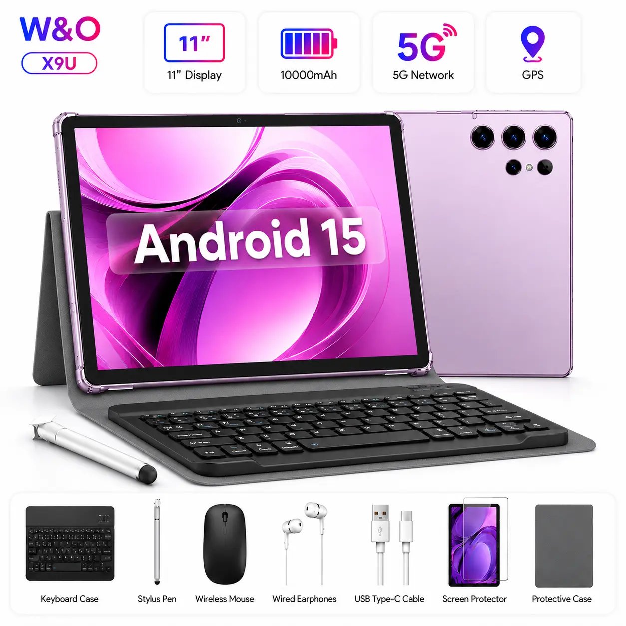 W&O Tablet , Touchscreen, With Dual Camera, Bluetooth Keyboard, Case, Mouse, Stylus, Type-c Charging Large Storage, Affortable Tablet, Portable, Cellphone Smartphone，Valentine’s Gift & Back-to-School Gift
