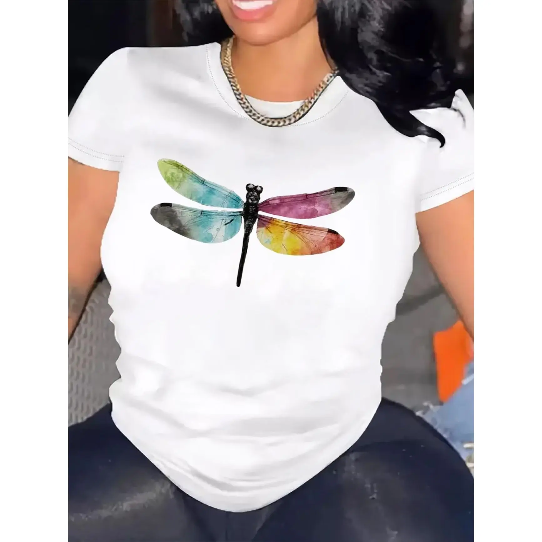 Women's Watercolor Dragonfly Graphic Crew Neck Activewear Tee - Athletic, Comfortable Casual Sports Top, Machine Washable, No Irritation, Cute Nature Outfit, Perfect Gift for Her, All Seasons, Gender Neutral, 3Xl