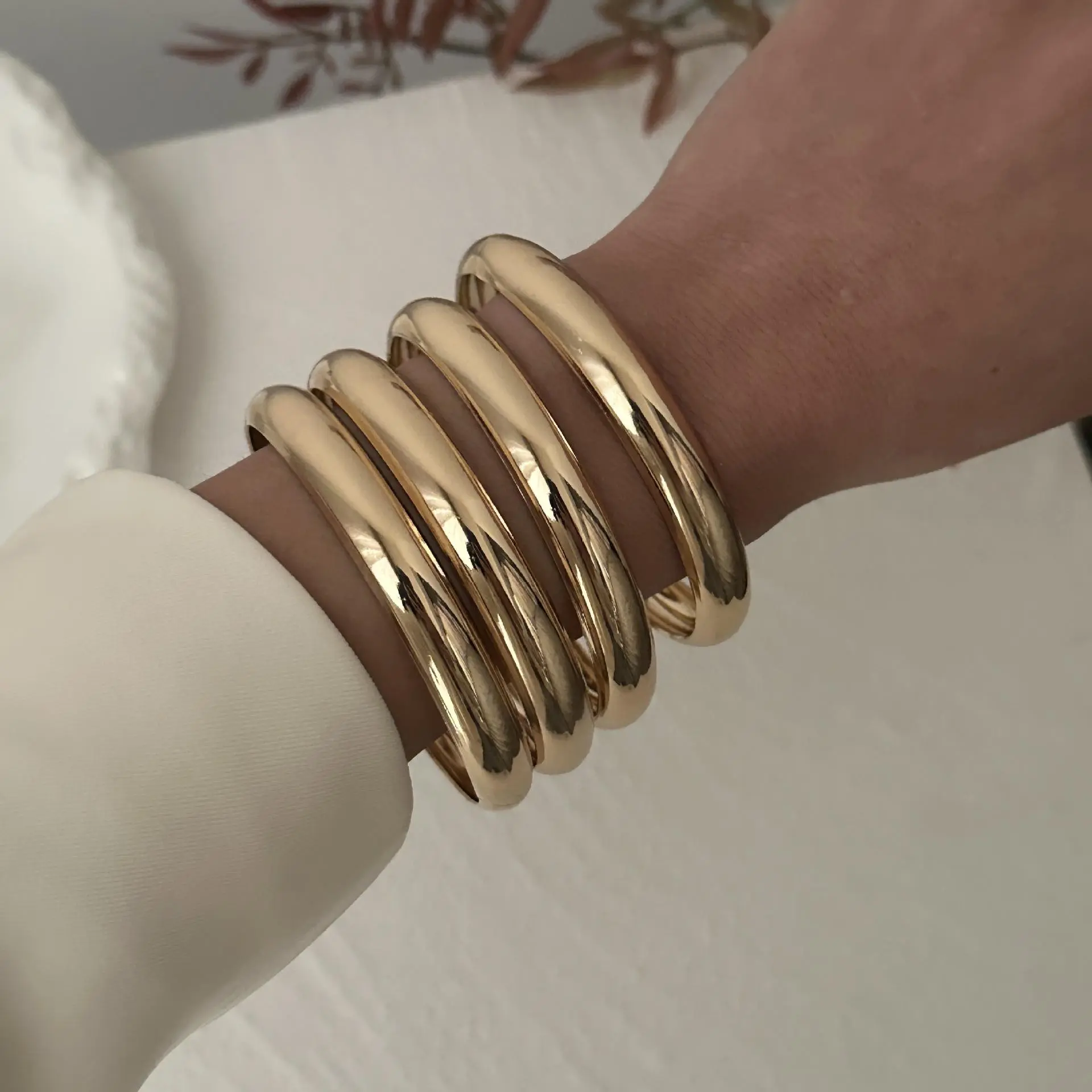Personality Simple Round Bangles Sets Punk Hip Hop Men Gold Silver Color Geometric Wide Bangles For Women Bracelet Gift Jewelry