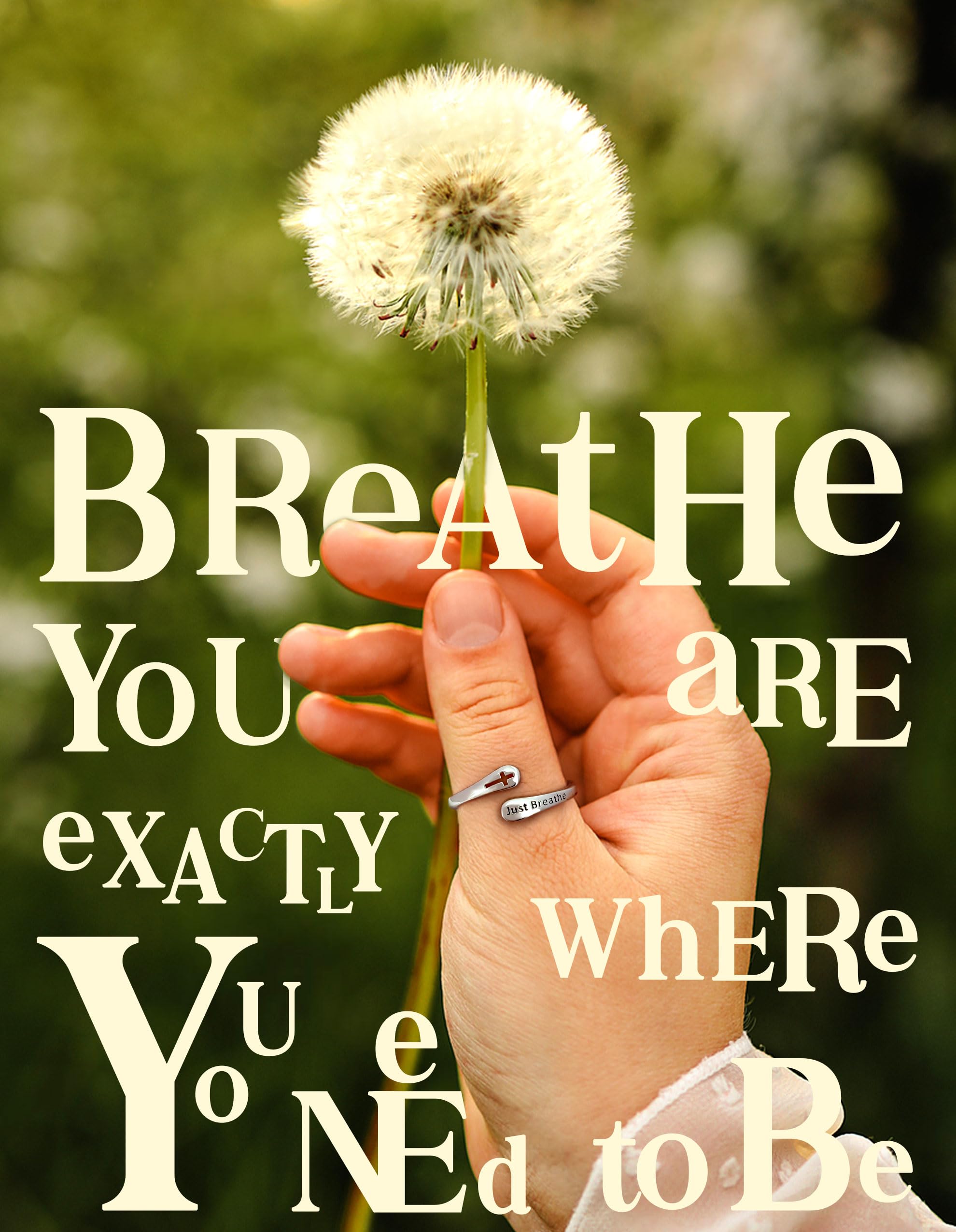 925 Sterling Silver Just Breathe Cross Ring for Women Men, Dainty Religious Faith Rings, Minimalist Anxiety Relief Jewelry Gift for Birthday Christmas Graduation, Hypoallergenic Silver Stacking Rings for Daily Wear