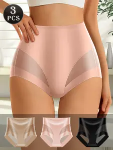 QUASTI 3PCS High Waist Boxer Brief for Women, Ice Silk Mesh Splicing Design Sexy & Fashionable, Soft Strech Ladies Breathable Panties, Adult Solid Color Underwear Comfortable & Breathable Back To School Gifts For Girls