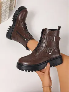 Fashionable women's autumn and winter short boots, thick-soled, high-water platform, waterproof upper, lace-up, outdoor boots, and comfortable, soft sole, anti-skid, wear-resistant, commuting and runway boots.