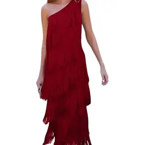 Fashion Tassel Slanted Shoulder Asymmetrical Evening Gown - Formal Women's Wear - prom dress