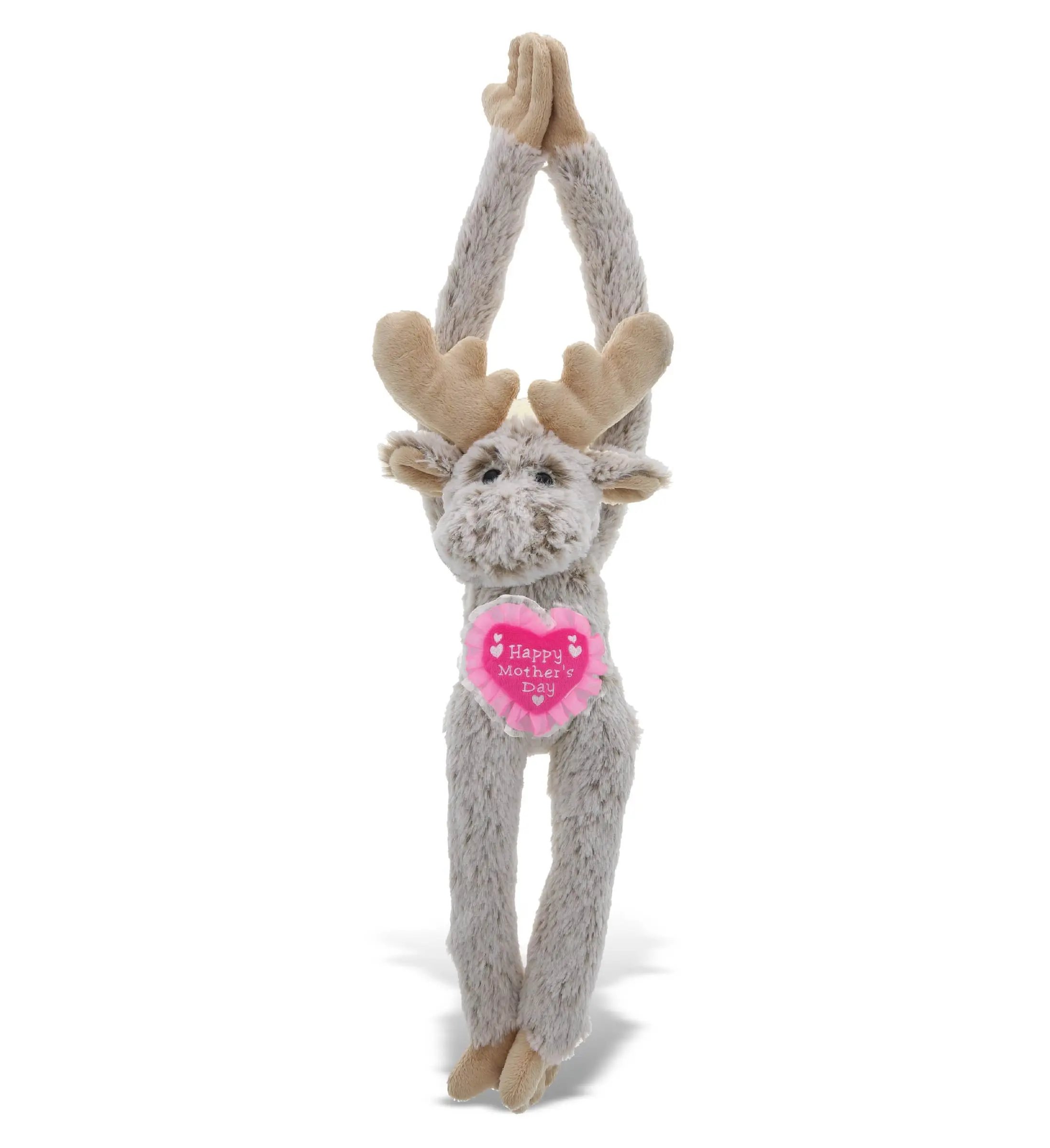 DOLLIBU 21 in Hanging Brown Moose Plush Heart Toy - 1 DOLLIBU Hanging Brown Moose Stuffed Heart Toy, Super Soft Polyester Fabric, Embroidered Design, Long Arms, Hook and Loop Tape, Happy Mother's Day Gift, Animals & Nature