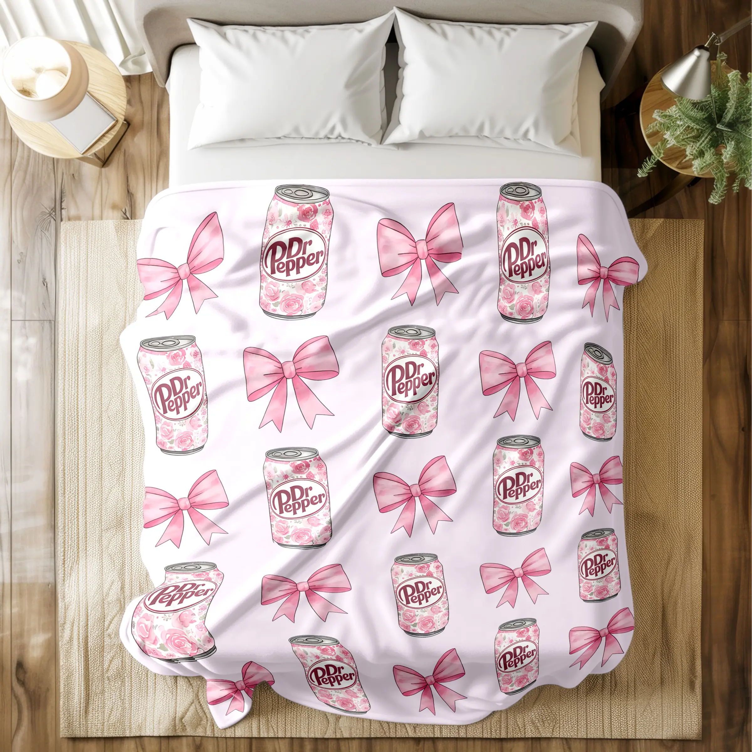 Dr Pepper & Pink Bow Printed Floral Bowknot Design Blanket - Super Soft & Skin - friendly, Long - Lasting & Quick - Drying, Machine Washable, Multi - Size for Bed, Sofa, Travel, Camping & Office Naps, Ideal Gift for Beverage Lovers & Girls, Soft Blankets