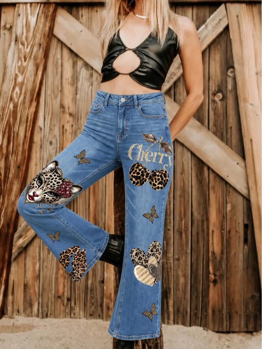 Women High Waist Flare Denim Jeans, Leopard Cheetah Cherry Lips Heart Butterfly Print Flared Jeans, Retro Western Coquette Y2K Casual Cowgirl Denim Pants