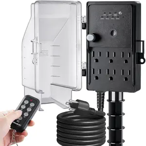 Outdoor Power Stake Timer Waterproof, 100FT Wireless Remote Control, Photocell Dusk to Dawn Timer, 6 Grounded Plug Outlets, 6FT Extension Cord, for Halloween Decoration, Lights, Garden
