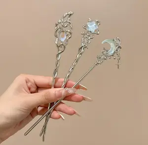 Moonstone Star, Moon, and Wand Hairpins - Elegant Alloy Metal Hair Stick Accessories for Women | Fashionable Retro Asian Aesthetic Headwear | Perfect Gift for Hair Styling