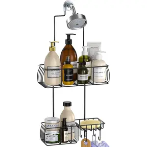 Shower Caddy Hanging, Anti-Swing Over Head Shower Caddy Rustproof with Hooks for Towels, Sponge and More, Matte Black