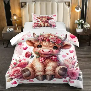 2/3-Piece Q-Style Highland Cow Pattern Comforter Set, Floral and Nordic Style Bedding Set, Soft Bedding Set, Optional With 1 or 2 Pillowcases, Excluding Pillow Fillers
