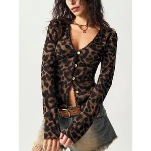 Women's V Neck Leopard Print Cardigan, Button Design Slim Fit Sweater, Fashionable Casual Wear, Perfect for Spring & Fall Seasons