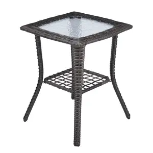Elegant Outdoor Wicker Side Table with Water Ripple Tempered Glass Top, All-Weather Powder-Coated Steel Frame, Versatile for Indoor and Outdoor Use, Two-Tier Design with Ample Storage patio furniture