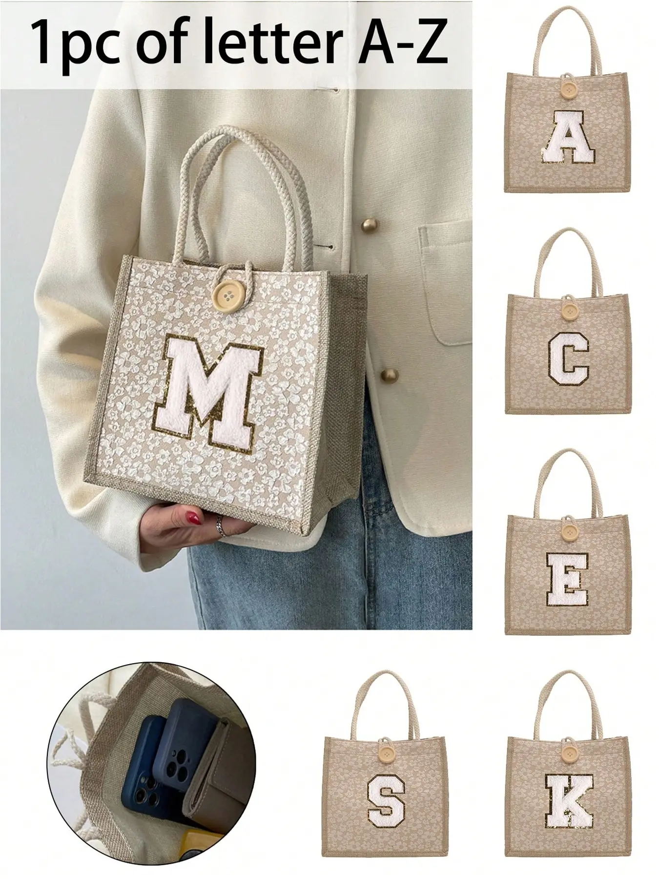 1PC Khaki Towel Embroidered Initials Pattern Letter Printed Handbag, Casual Trendy Handbag, Flower Printed Tote Bag, Large Capacity Crossbody Bag with Button Closure, For Travel, School