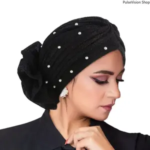 Elegant Black Pleated Turban with Pearl Embellishments, Stylish Beanie for Parties