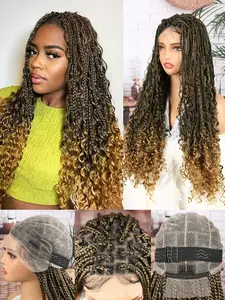 30-Inch Full Double-Layer Lace Front Square Knotless Box Braid Wig — Black/Multi-Color, Bohemian Curly Ends, with Baby Hairs — Synthetic Lace Front Braided Wig Suitable for American Women (Ideal for Daily Wear) Boho Style Wigs Synthetic Wigs