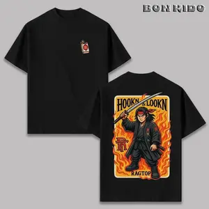 Hook & Lookn Samurai Firefighter T-Shirt, Vintage Ragtop Japanese Warrior with Katana Graphic Tee, Bold Flame Character Print, Soft Cotton Blend Shirt, Bold Firefighter Apparel for Men & Women, Fun Fire Rescue Gift