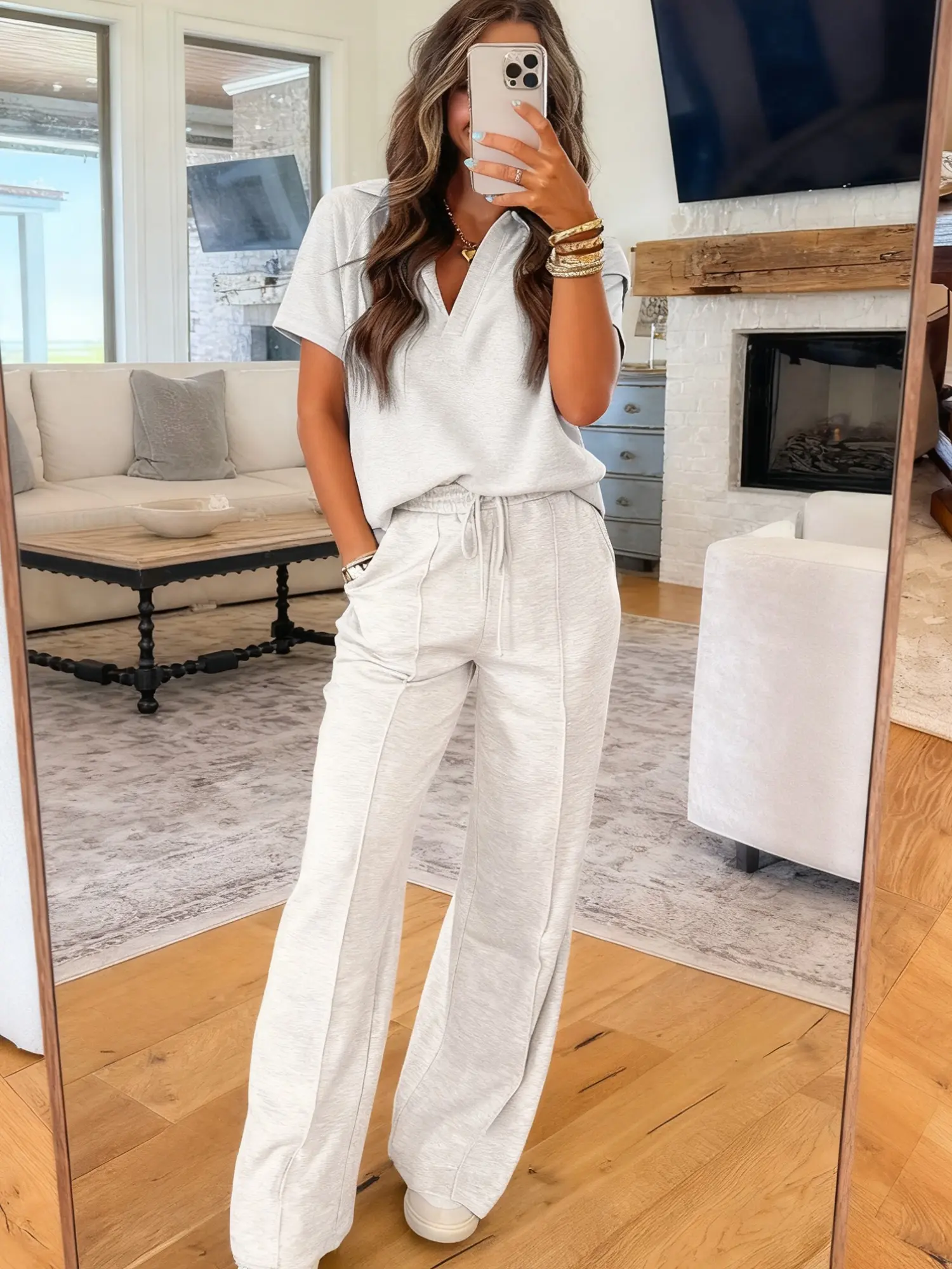 Light Grey Polo Tee Casual Pant Set for Women Girlfriend Valentine's Day Gift Casual Lounge Activewear Milk Silk Soft Comfort Fit