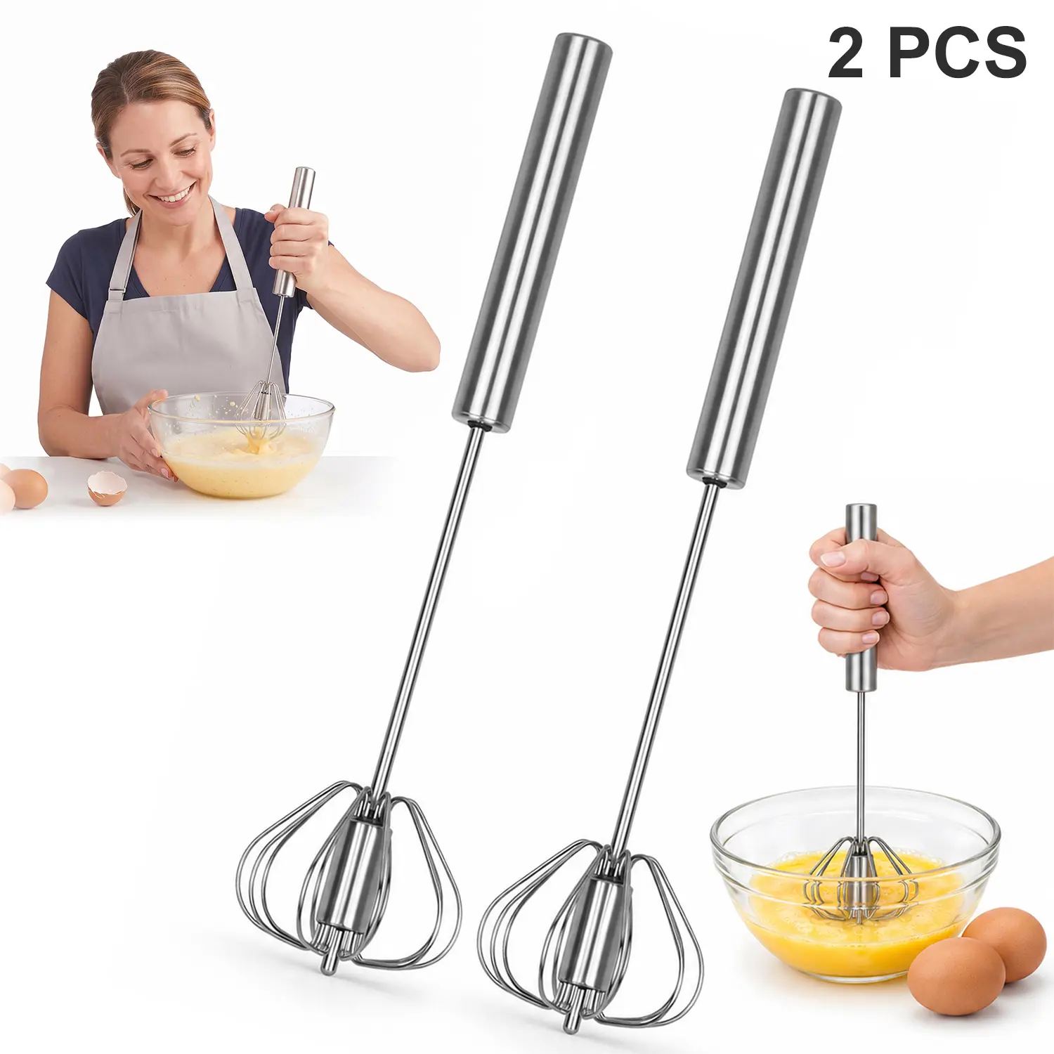 2 Pack Stainless Steel Hand-Push Spinning Whisk, Food-Grade Hand Whisk Rotary Egg Beater Manual Mixer, Semi-Automatic Design for Eggs, Batter, Cream, Sauces, Baking & Cooking, Easy to Clean