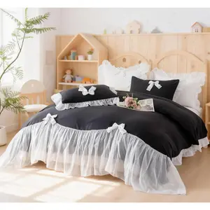 Black Halloween Duvet Cover Full Size, Ruffle Beddding Set with Bowtie, 3 count Comforter Cover Set with Zipper Closure, Girl Princess Bedding with Pillowcase - Black, Full