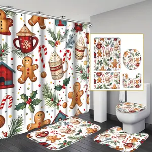 4pcs Winter Christmas Shower Curtain Set, Cute Gingerbread for Man Candy Cane Bathroom Sets with Shower Curtain And Rugs And Accessories, Cookies Snowflake Shower Curtain with Bath Mat Set And 12 Hooks, New Year Holiday Shower Curtains for Bathroom Decor