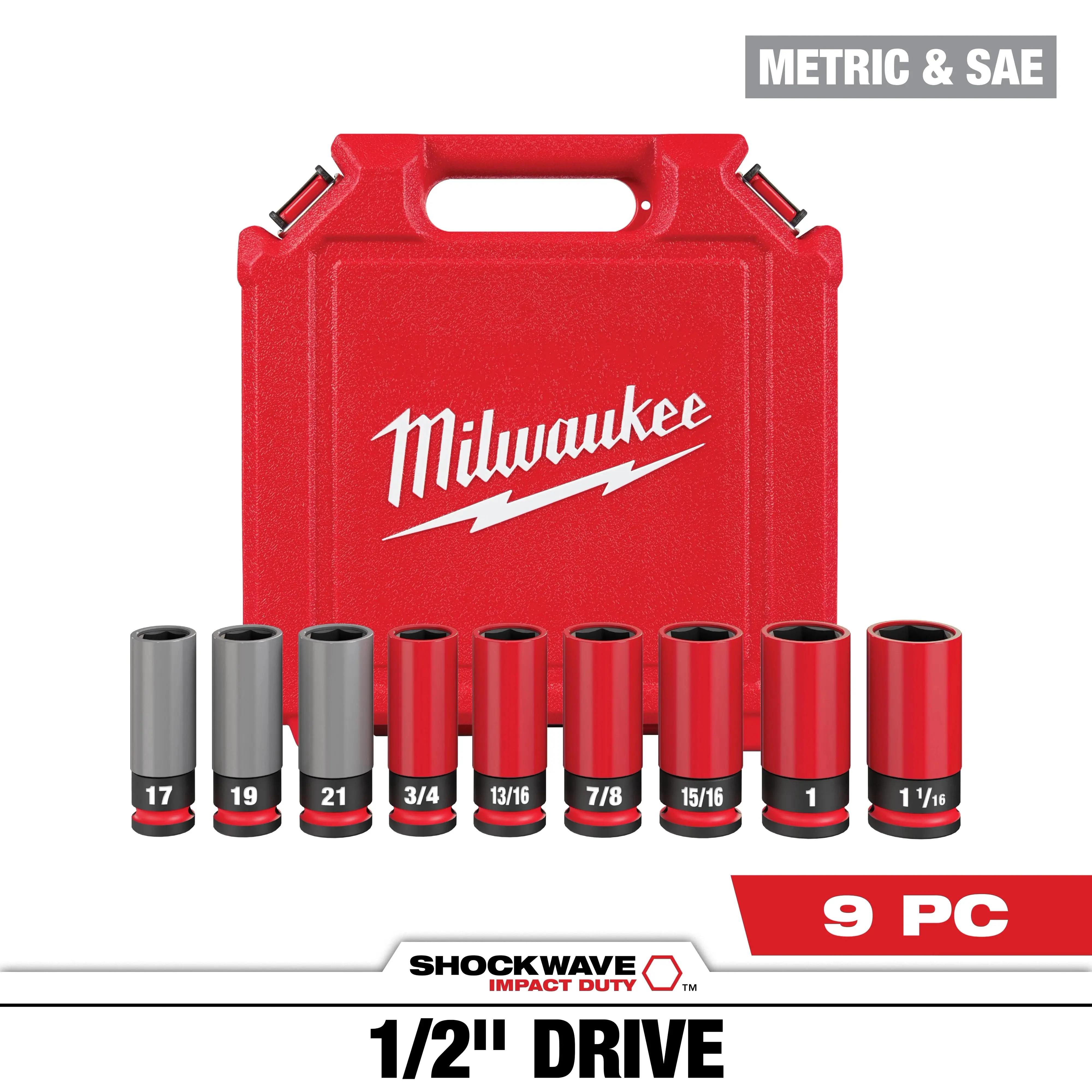 Milwaukee 49-66-7832 SHOCKWAVE™ Impact Duty 1/2 Drive Impact Sockets Set, 9PC SAE & Metric Lug Nut Wheel Sockets for Torque Wrench Tool Box
