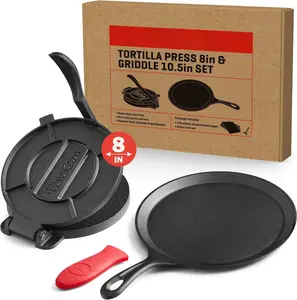 Cast Iron Tortilla Press 8 Inch - Bundle of Skillet for Roti / Comal Pan, Tawa / Dosa Pan Pataconera, Comales para Tortillas
