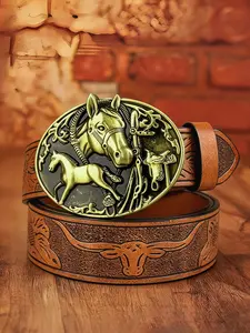 1Pcs Fashion Western Plate Buckle Belt with Horse Racing Relief, Made of Alloy Material, 1.46in/3.7cm Wide Trendy Embossed Belt, Suitable for Halloween and Christmas Gifts.