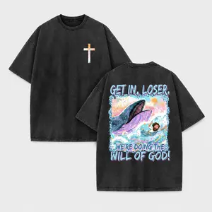 Neon Splash Cartoon Vintage Washed Get In Loser We’re Doing The Will Of God Christian Jonah Whale Tee Oversized Washed Cotton Pastel Tie Dye Cross Front Vibrant Ocean Big Fish Comic Art Back Obedience Playful  trendy streetwear shirt, Casual, Top