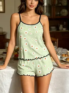 Women's Sleeveless Pajama Set, Daisy Print, Sexy Slim-Fit, All-Over Print, Two-Piece Home Wear, Comfortable Lounge, Loungewear, Nightwear