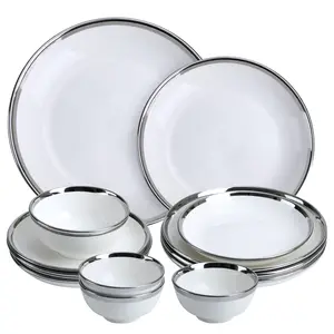12 Pieces Porcelain Dinnerware with Silver Rim,Stoneware Plates and Bowls Sets Service for 4,Handmade Ceramic Dish Set, Highly Chip and Crack Resistant Modern Plate Set, White and Silver