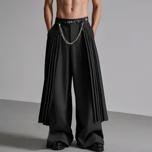 INCERUN Men's High-Waist Wide-Leg Full-Length Button-Free Pants - Japanese Darkwear Menswear, Irregular Pleated Panel Black Clothes, Edgy/Flamboyant Outfits Inspo for Stage Performance, Street Fashion