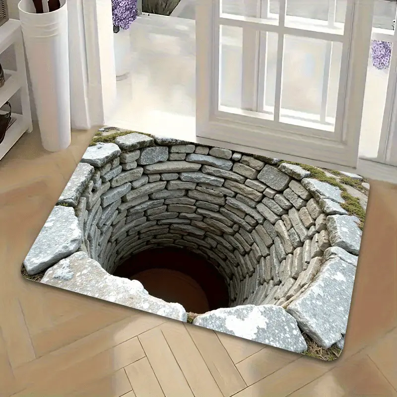 3D Optical Illusion Stone Deep Hole Flannel Doormat, Realistic Cave Pit Visual Trick Floor Rug, Funny Scary Illusion Entryway Mat, Non Slip Washable Indoor Front Door Carpet, Novelty Prank Decor Gift For Home Entrance Kitchen Garage