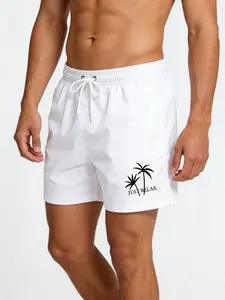 Summer Men's Casual Black Swim Trunks with Side Pockets Quick Dry Sports Training Jogging Shorts with Inner Liner Palm Tree Coconut Print Beach Swim Trunks
