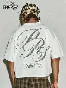 Men’s Cropped Oversized White Crew Neck T-Shirt - Soft Breathable Cotton, Vintage "Favtros Club" Cursive Script Back Print, Distressed Letter Graphic Streetwear Tee, One Tee Multiple Ways for Streetwear / Casual / Summer / Night Out Outfits, All-Season Ve