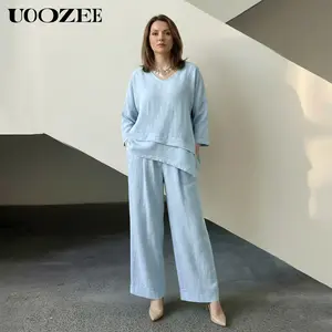 UOOZEE Women's Casual 2-Piece Set - Spring Summer Trendy Loose Elastic Waist Wide-Leg Pants with Pockets & Oversized V-Neck Top, for Casual/Work Wear, Women's Casual 2 Piece Sets,summervibes