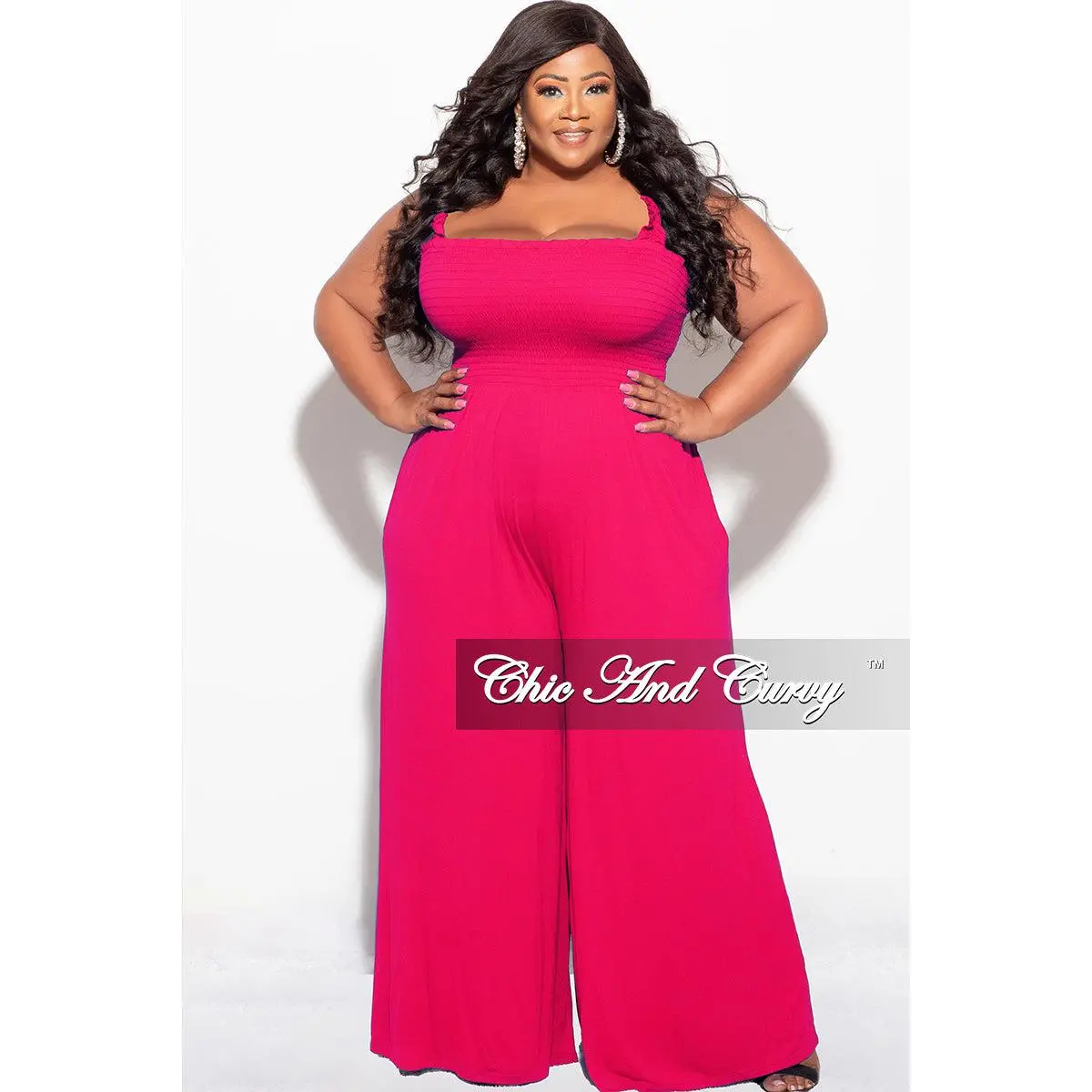 Final Sale Plus Size Jumpsuit with Smocking & Elastic Straps in Fuchsia