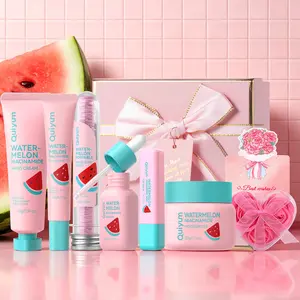 QUIYUM Watermelon Niacinamide & Hyaluronic Acid Skincare Treatment Set | Face Serum, Moisturizer, Eye Cream, Hand Care, Lip Balm & Travel Hand Soap Sheets | Brighten & Hydrate Daily