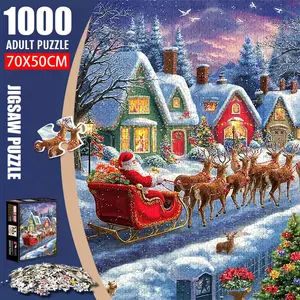 1pc 1000 piece adult puzzle 70x50cm Santa Claus on Sleigh with Reindeer in Snowy Christmas Village 500 pieces of paper jigsaw puzzle, suitable for adults and families, large-scale DIY puzzle intera