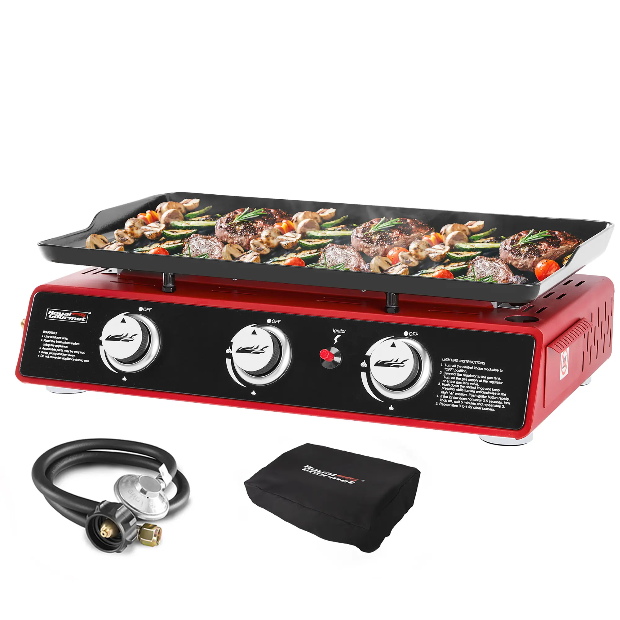 Royal Gourmet PD1301R 3-Burner Portable Propane Gas Griddle, Tabletop Outdoor Grill with PVC Cover, 25,500 BTU Flat Top Griddle with 319 Sq. In. Cooking Surface for Camping, Picnic, Tailgating & BBQ, Red Outdoor Barbeque