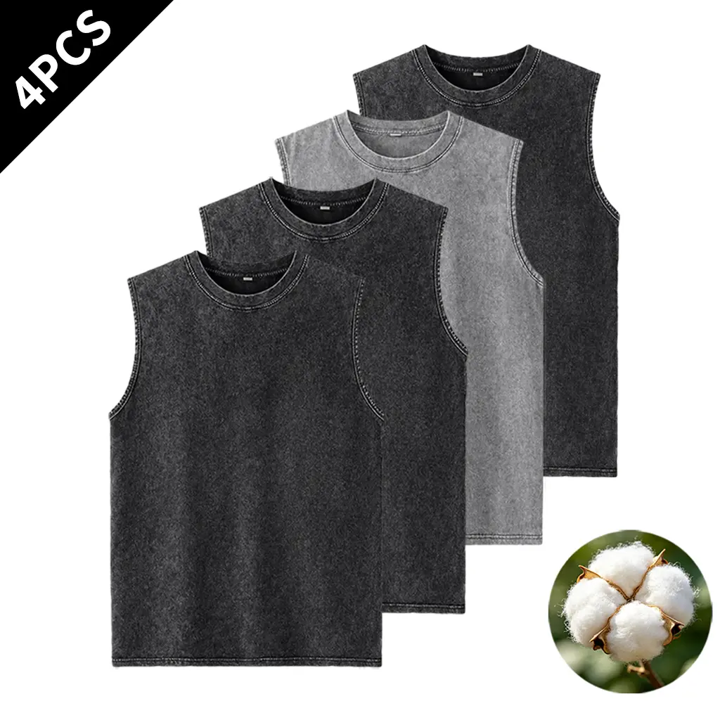 Summer Vibes 4-Pack Men’s Vintage Washed Gym Tank Tops — 4 Pieces, Sleeveless Crew Neck Athletic Training & Everyday Wear Shirts