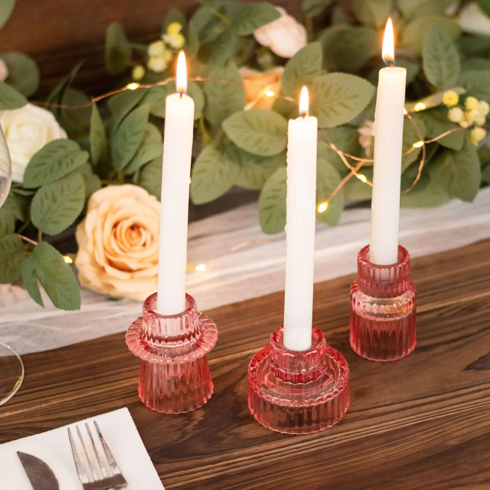 6-Pack 3" Ribbed Crystal Glass Taper Candle Holders - Reversible Mini Votive Tealight Stands for Home Decoration, Engagement, Window, Festivals, Tabletop (Pink)