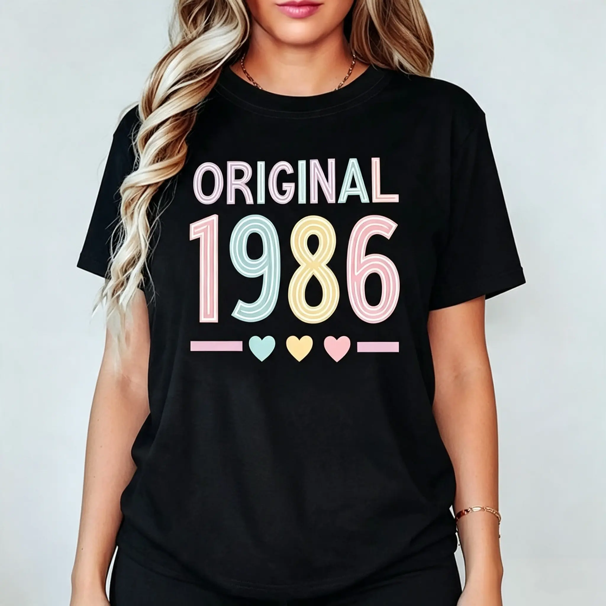 Women's Retro 1986 Graphic Tee - "Original 1986" Colorful Lettering,Heart Accents, Casual Black Short Sleeve T-Shirt,Vintage T Shirts