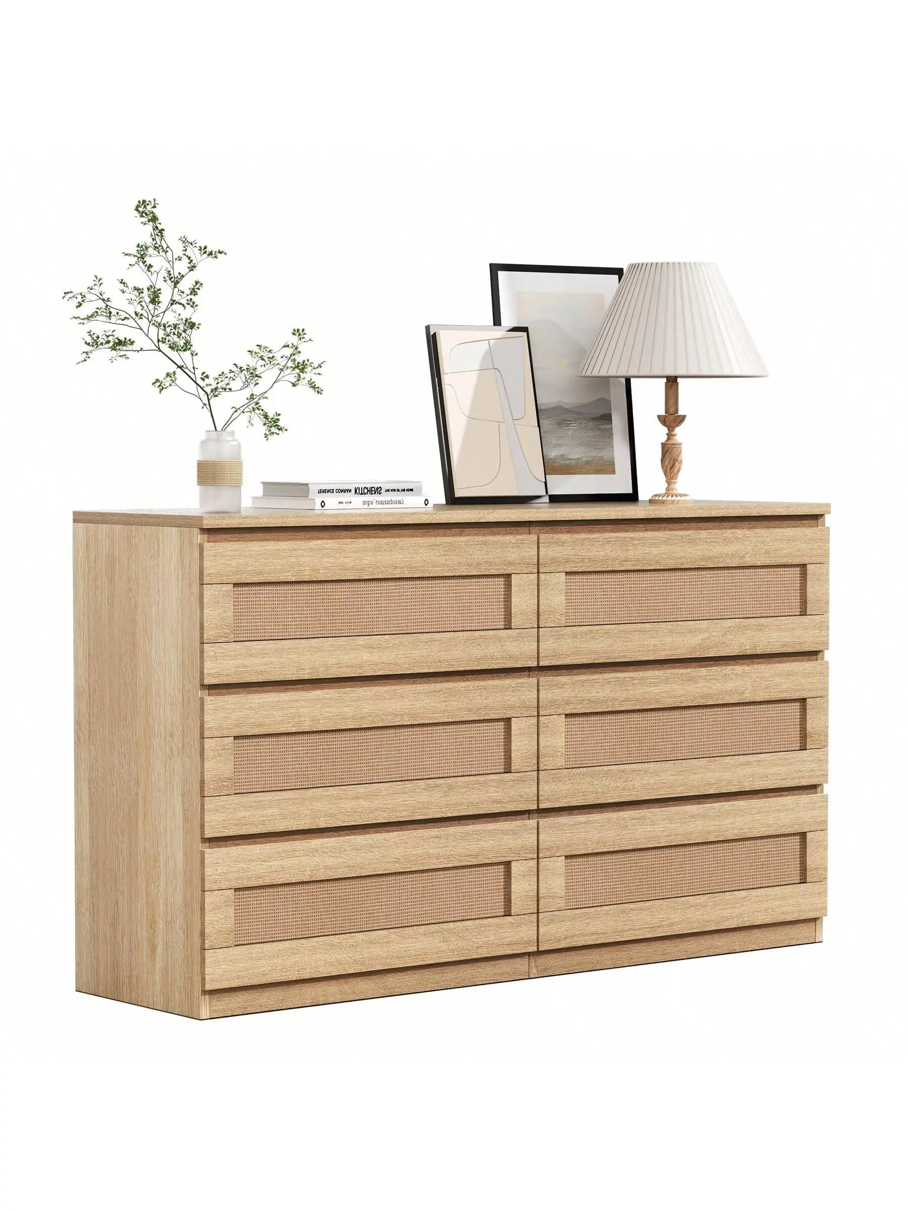 GARVEE Rattan Dresser For Bedroom, 6 Drawer Dresser For Bedroom, Modern Wide Chest Of Drawers With Anti-Tip Kit