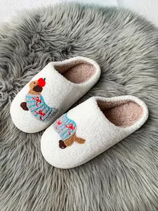 Women's Cute Dog Embroidered Design Plush Slippers, Fluffy Home Slippers, Casual Soft Comfortable Non-slip Home Slippers, Warm Slippers for Indoor & Outdoor Use for Women & Girls, Shoe