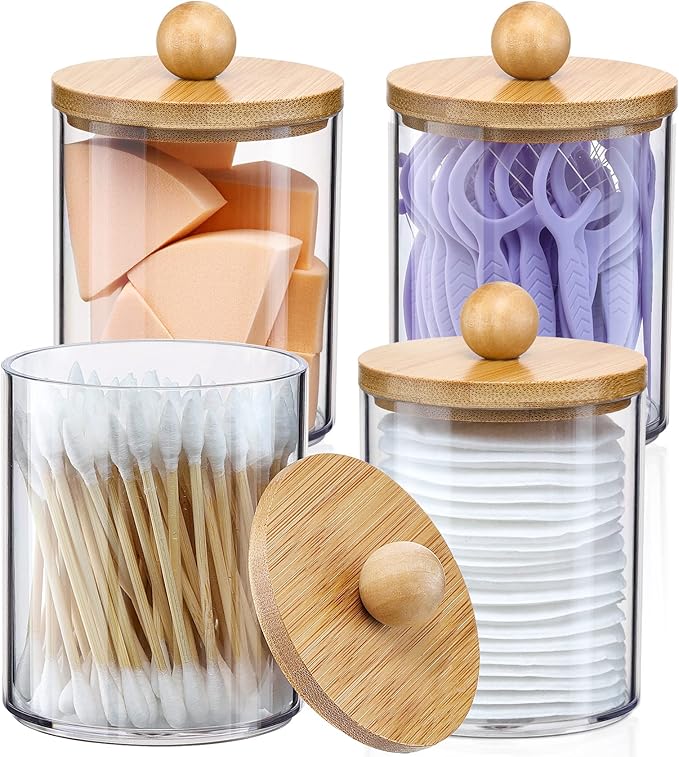 Cotton Swab & Cotton Ball Holder with Bamboo Lid 4 Pack 10 oz Clear Plastic Apothecary Jars for Bathroom & Vanity Storage Q‑Tip Organizer Canister Set for Makeup Cotton Pads Floss & Toiletries