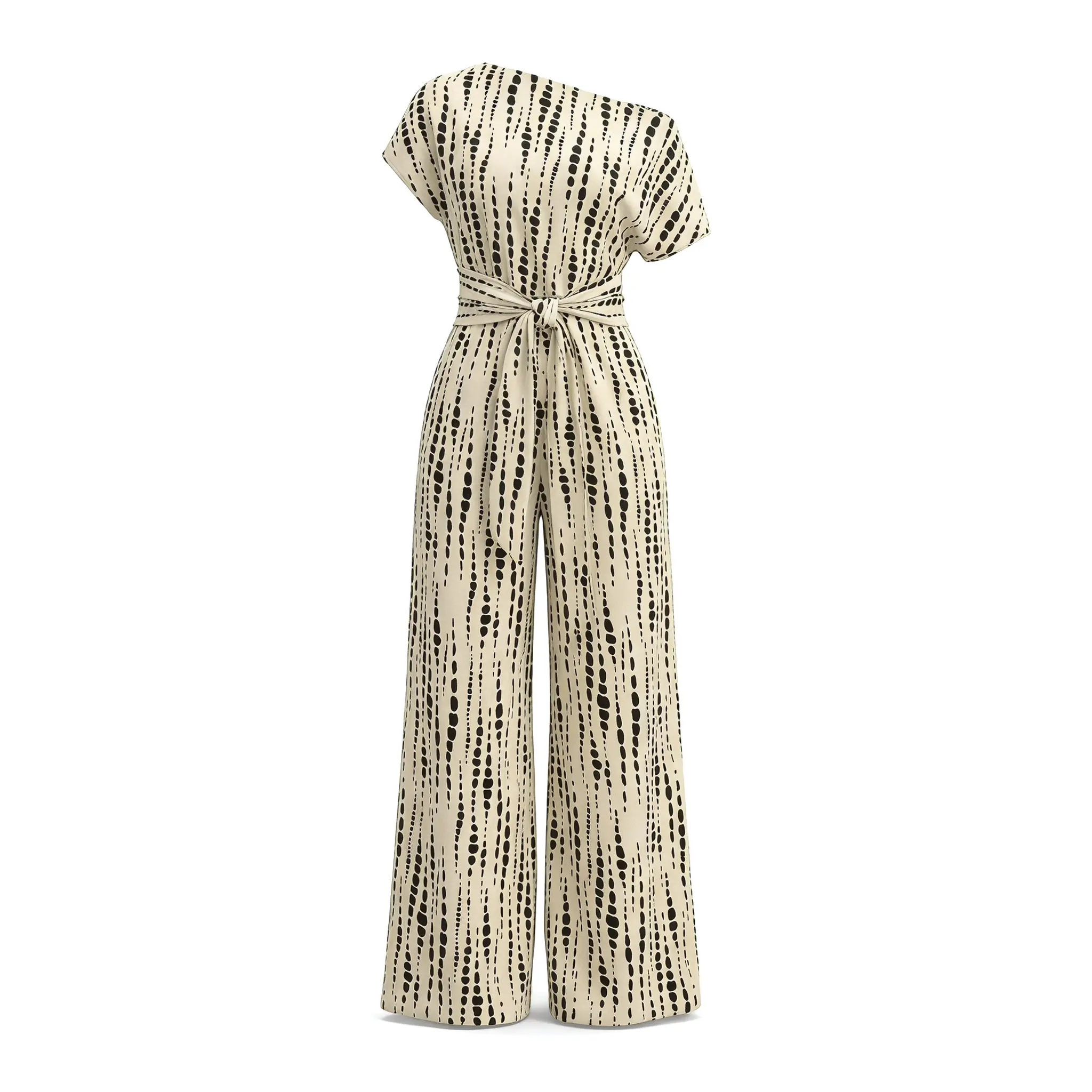 Women's All Over Print Tie Front Wide Leg Jumpsuit, Casual Asymmetrical Neck Batwing Jumpsuit for Spring & Fall, Women's Clothes for Daily Wear